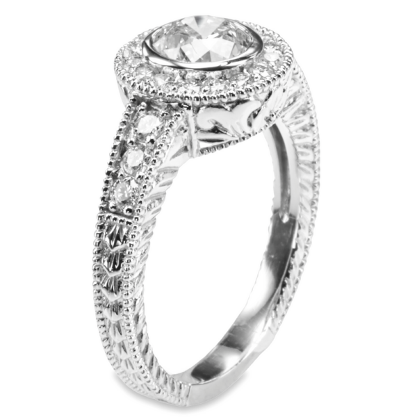 18K Gold Halo Diamond Milgrain Accented Vintage Engagement Ring - Dallas TX