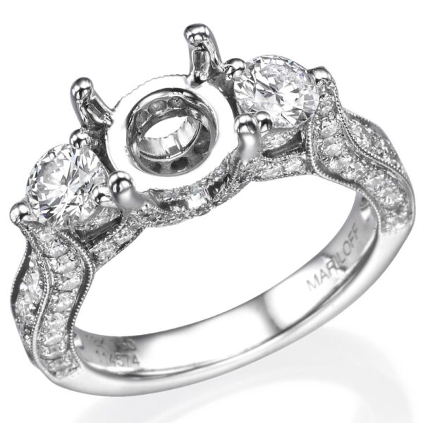 18K Gold Three-Stone Round Diamond Milgrain Engagement Ring Mounting - Image 3