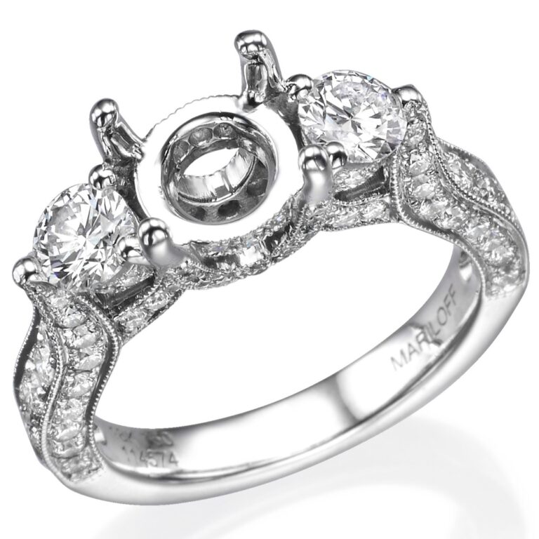 18K Gold Three-Stone Round Diamond Milgrain Engagement Ring Mounting Engagement Rings 7