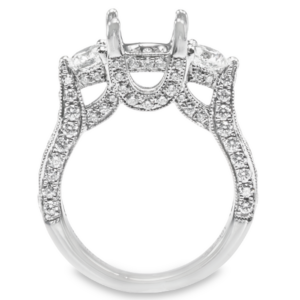 18K Gold Three-Stone Round Diamond Milgrain Engagement Ring Mounting