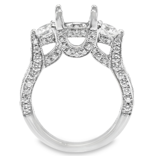 18K Gold Three-Stone Round Diamond Milgrain Engagement Ring Mounting - Image 2