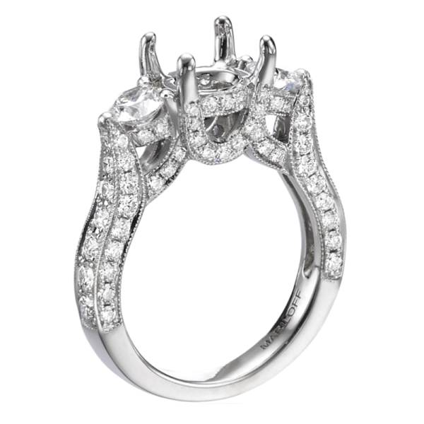 18K Gold Three-Stone Round Diamond Milgrain Engagement Ring Mounting - Image 4