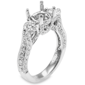 18K Gold Three-Stone Round Diamond Milgrain Engagement Ring Mounting