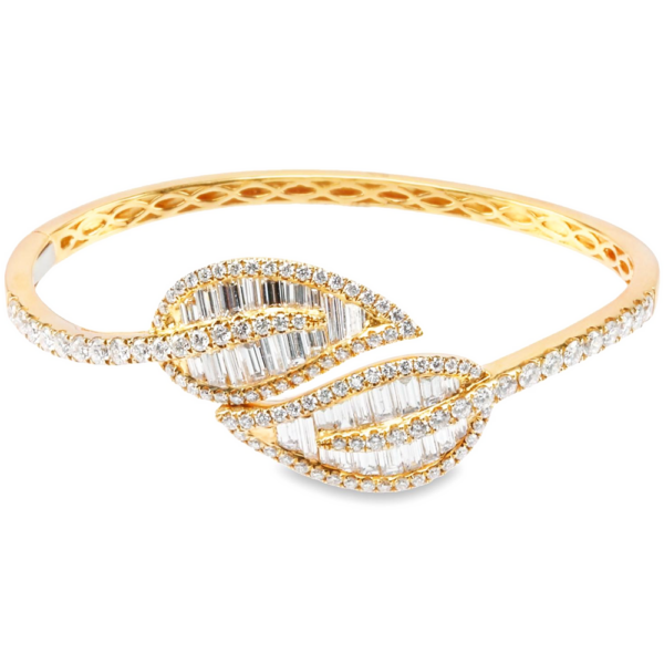 18K Yellow Gold Small Baguette and Round Diamond Leaf Bangle - Dallas TX