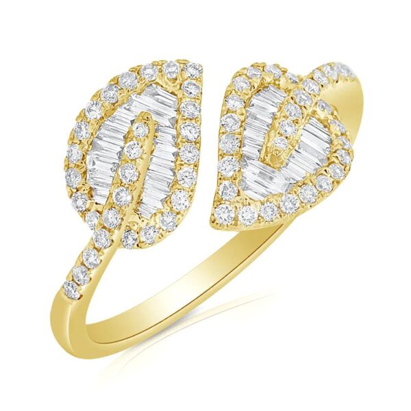 14K Gold Baguette and Round Diamond Bypass Leaf Fashion Ring | Dallas TX