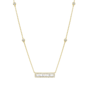 14K Yellow Gold Baguette and Round Halo Diamond Bar Necklace - Dallas TX