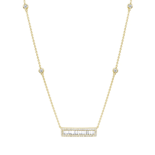 14K Yellow Gold Baguette and Round Halo Diamond Bar Necklace - Dallas TX