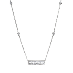 14K White Gold Baguette and Round Halo Diamond Bar Necklace - Dallas TX