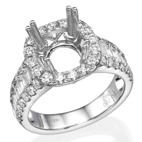 18K Gold Baguette & Round Diamond Halo Vintage Engagement Ring Mounting - Dallas TX