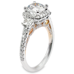 18K Gold Three-Stone Halo Trapezoid Diamond Engagement Ring Mounting