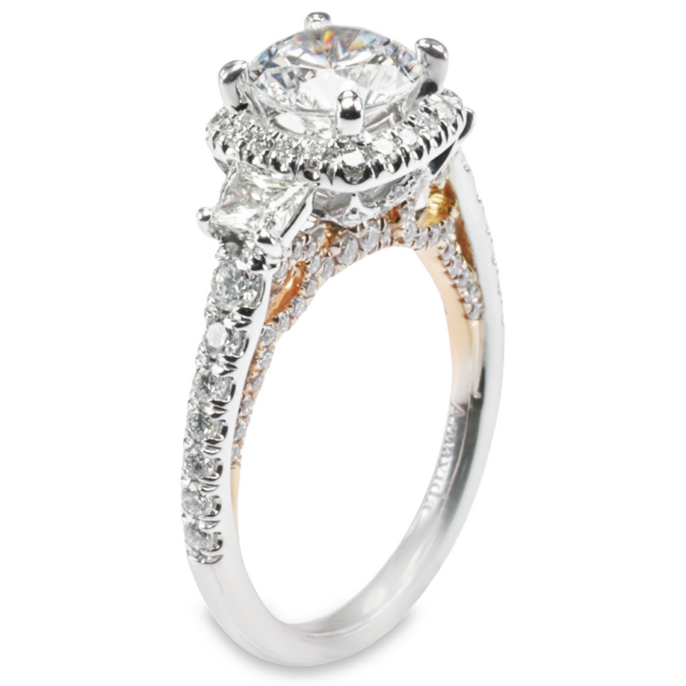 18K Gold Three-Stone Halo Trapezoid Diamond Engagement Ring Mounting Engagement Rings 6