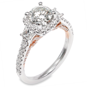 18K Gold Three-Stone Halo Trapezoid Diamond Engagement Ring Mounting