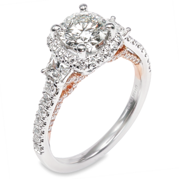 18K Gold Three-Stone Halo Trapezoid Diamond Engagement Ring Mounting - Image 2