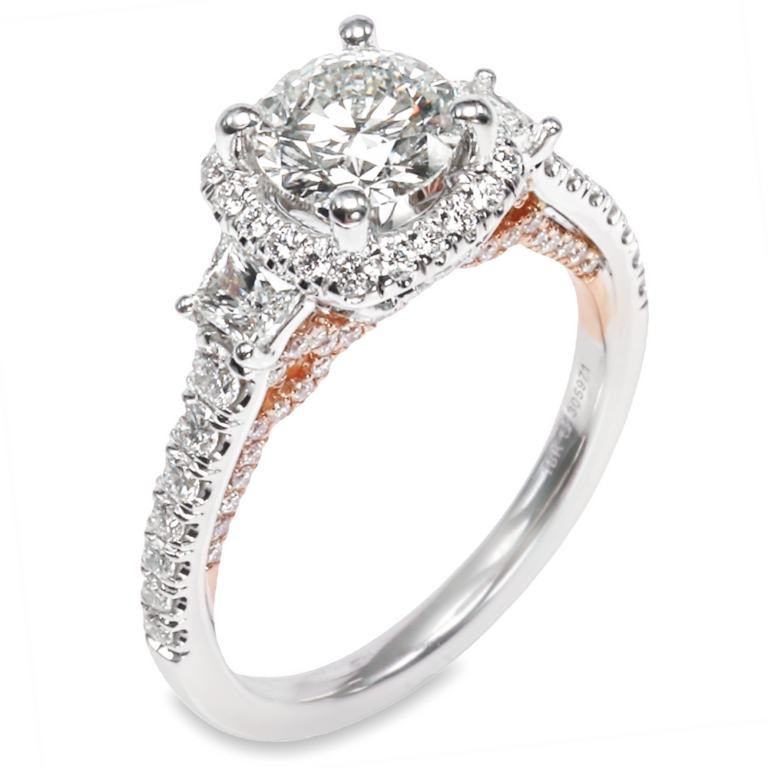 18K Gold Three-Stone Halo Trapezoid Diamond Engagement Ring Mounting Engagement Rings 7