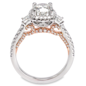 18K Gold Three-Stone Halo Trapezoid Diamond Engagement Ring Mounting Engagement Rings 8