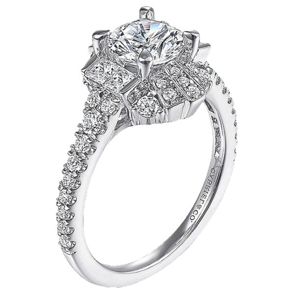 18K White Gold Art-Deco Halo Princess-Cut Diamond Round Brilliant Center Stone Engagement Ring - Dallas TX