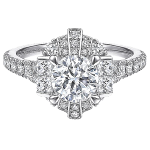 18K White Gold Art-Deco Halo Princess-Cut Diamond Round Brilliant Center Stone Engagement Ring - Dallas TX | Mariloff Diamonds