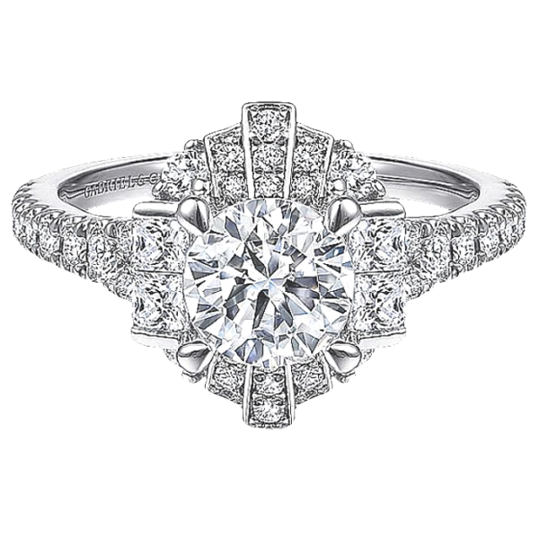 18K White Gold Art-Deco Halo Princess-Cut Diamond Round Brilliant Center Stone Engagement Ring - Dallas TX | Mariloff Diamonds