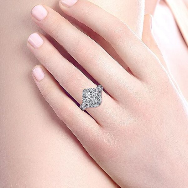 18K White Gold Art-Deco Halo Princess-Cut Diamond Round Brilliant Center Stone Engagement Ring on finger - Dallas TX | Mariloff