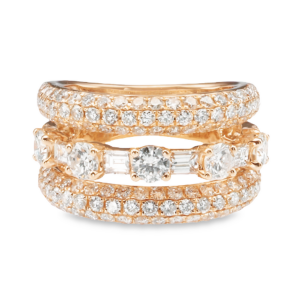 18K Gold Three-Row Baguette and Round Diamond Fashion Ring