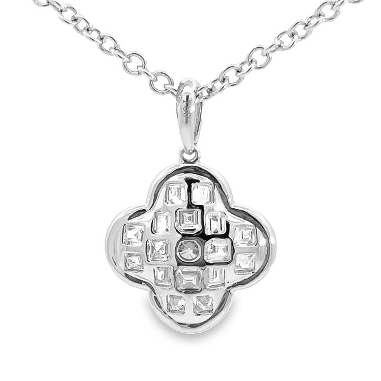 18K White Gold Round Diamond Clover Pendant