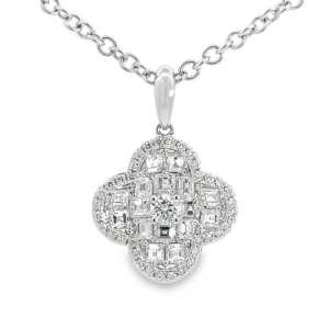 18K Gold Asscher and Round Diamond Clover Pendant Necklace