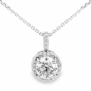 14K Gold Round Brilliant Diamond Halo Pendant Necklace