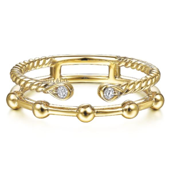 14K Yellow Gold Rope Beaded Station Diamond Fashion Ring - Dallas TX | Mariloff Diamonds