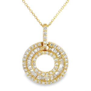 18K Gold Baguette and Round Diamond Circular Pendant Necklace