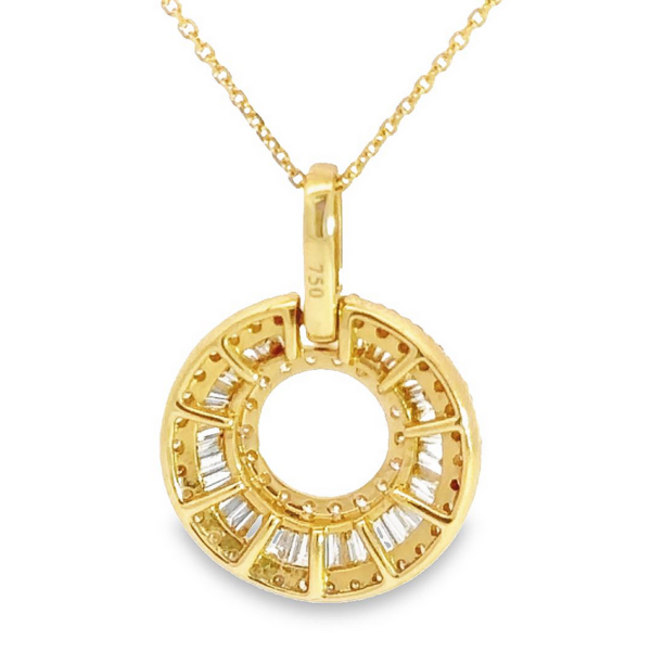 18K Gold Baguette and Round Diamond Circular Pendant Necklace - Image 2