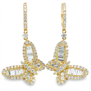 18K Gold Baguette Diamond Dangle Butterfly Earrings