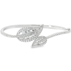 18K Gold Baguette and Round Diamond Leaf Bangle Bracelet