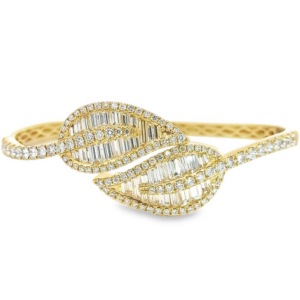 18K Gold Large Baguette and Round Diamond Leaf Bangle Bracelet