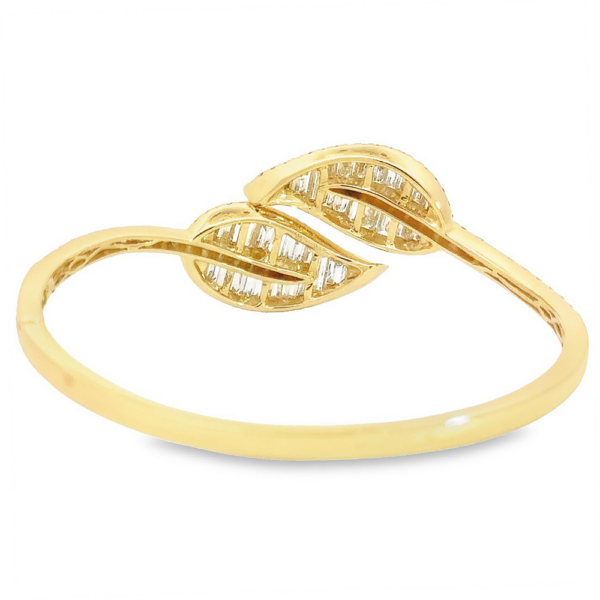 18K Gold Large Baguette and Round Diamond Leaf Bangle Bracelet - Image 3