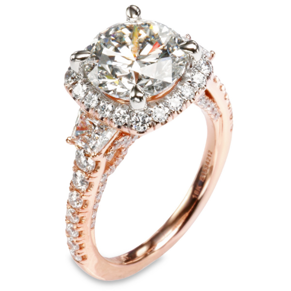 18K Gold Three-Stone Halo Trapezoid Diamond Engagement Ring Mounting - Image 4