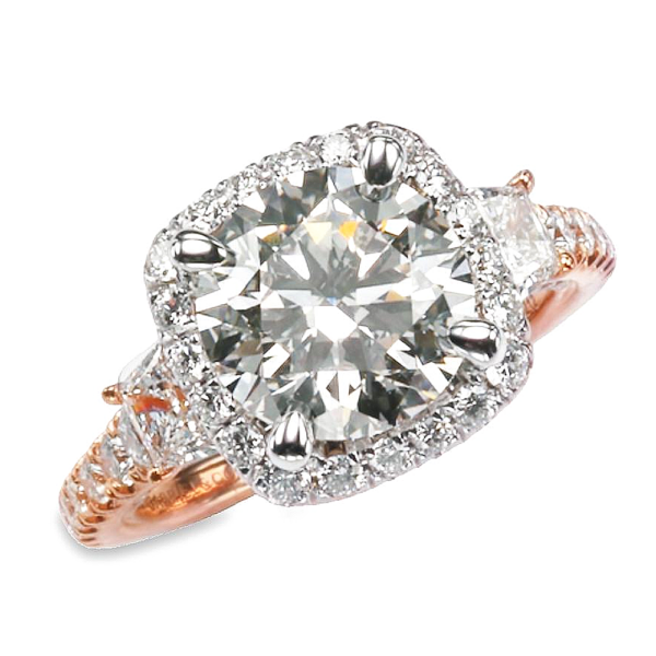 18K Gold Two-Tone Three Stone Halo Diamond Engagement Ring Mounting