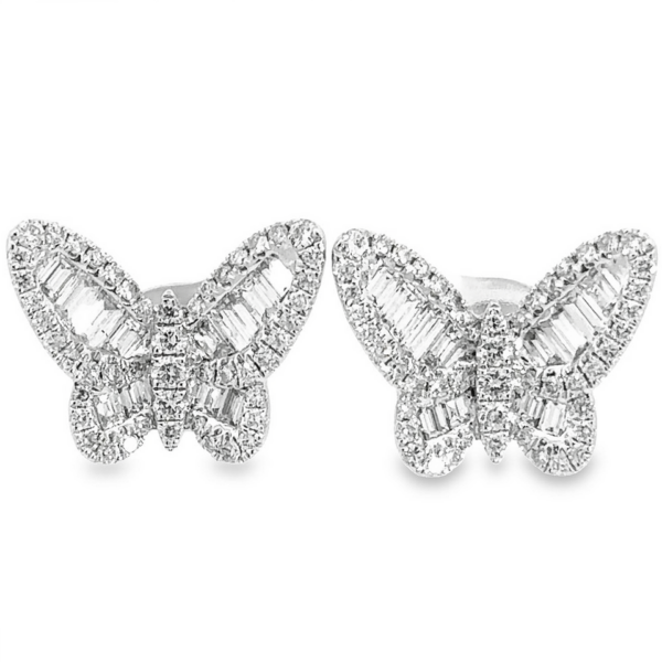18K Gold Baguette and Round Diamond Butterfly Stud Earrings | Dallas TX
