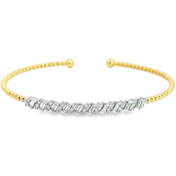 14K Gold Flexible Alternating Baguette and Round Diamond Bangle
