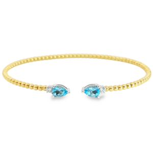 14K Gold Flexible Blue-Topaz and Diamond Open-Cuff Bangle