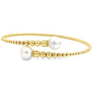 14K Gold Flexible Graduated-Bead Pearl Bypass Bangle