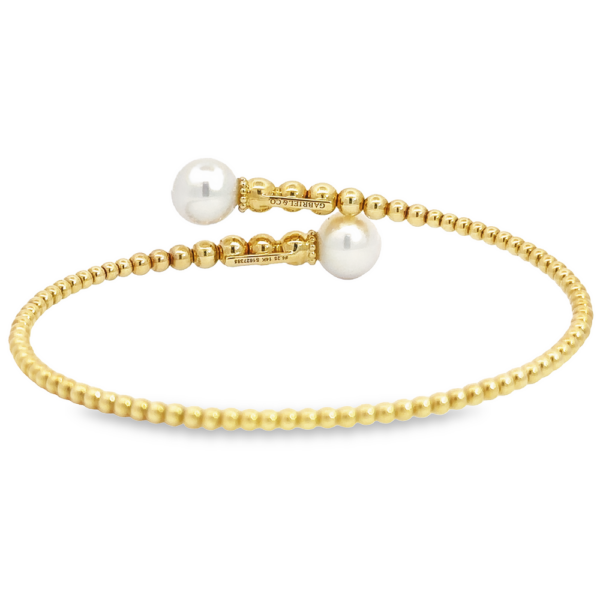 14K Gold Flexible Graduated-Bead Pearl Bypass Bangle - Image 3