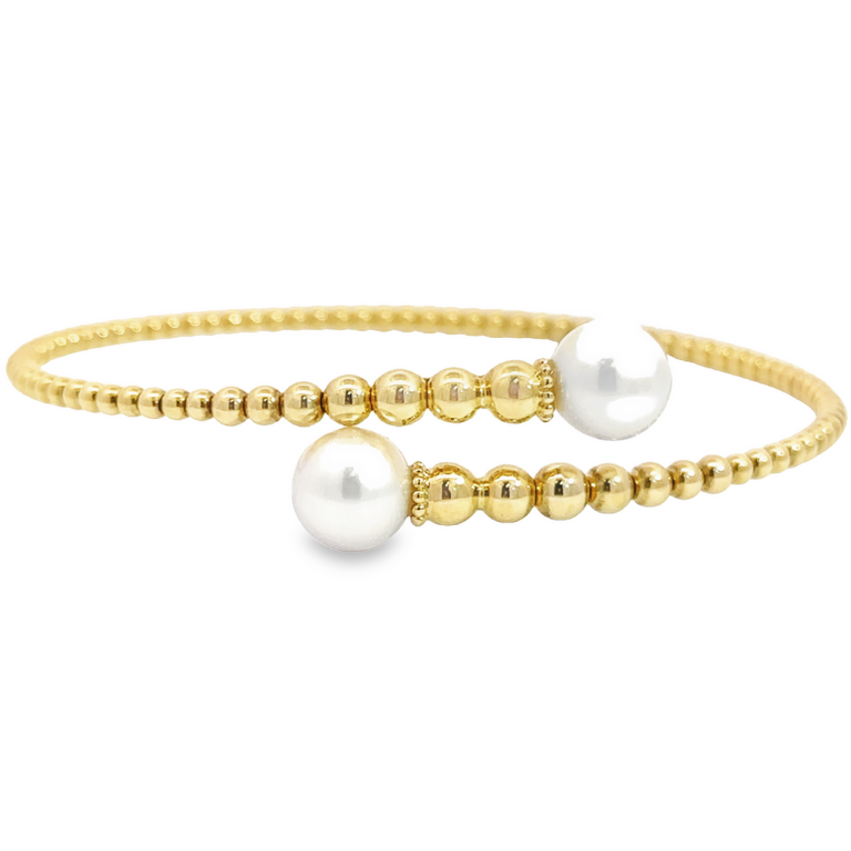 14K Yellow Gold Flexible Bangle with Bujukan Beads & 1.49ctw Freshwater Pearls Size 6.25 Bracelets 5