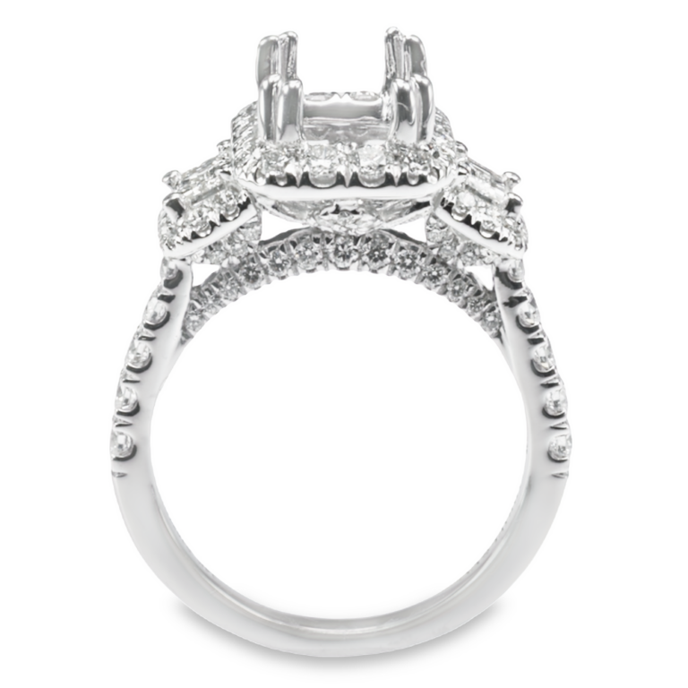 14K Gold Three-Stone Halo Emerald-Cut Diamond Engagement Ring Mounting Engagement Rings 12