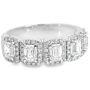 14K Gold Five-Stone Halo Emerald-Cut Diamond Ring