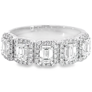 14K Gold Five-Stone Halo Emerald-Cut Diamond Ring