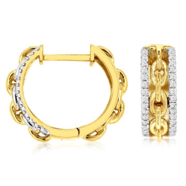 14K Gold Chain Link Diamond Huggie Hoop Earrings | Dallas TX