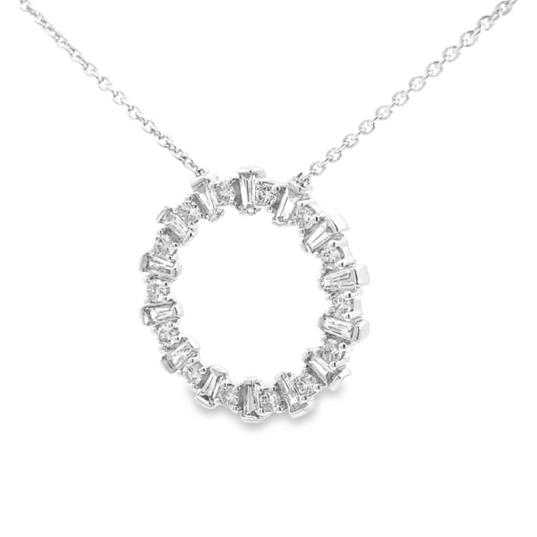 14K Gold Alternating Baguette and Round Diamond Circle Necklace