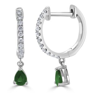 14K White Gold Pear Cut Emerald & Diamond Huggies | Dallas TX | Mariloff Diamonds & Fine Jewelry
