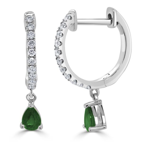 14K White Gold Pear Cut Emerald & Diamond Huggies | Dallas TX | Mariloff Diamonds & Fine Jewelry