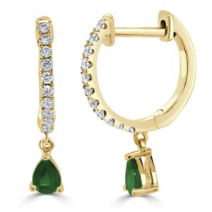 14K Yellow Gold Pear Cut Emerald & Diamond Huggies | Dallas TX | Mariloff Diamonds & Fine Jewelry